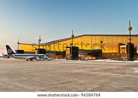 GDANSK AIRPORT, POLAND - JAN 29: New modern terminal at Lech Walesa Airport in Gdansk on Jan. 29, 2012. The terminal will be use from April to be ready for soccer Euro Cup 2012.