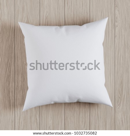 Blank white soft square pillow on a wooden floor, mockup for your design, 3D render