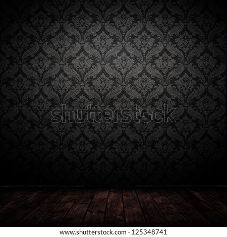 Dark Interior Room With Baroque Wallpaper.