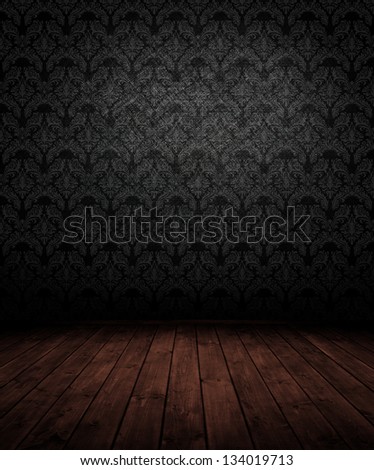dark interior room with baroque wallpaper.