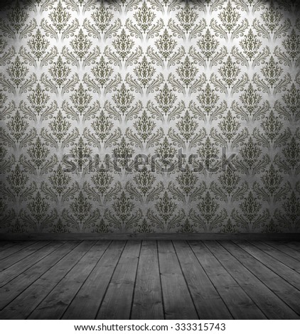 dark interior room with baroque-styled (1575-1770) wallpaper pattern.e