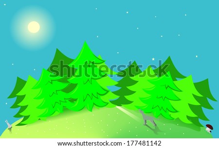 Furry forest in the night under the shining Moon