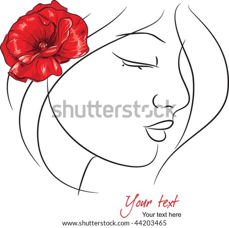 stock vector Girl with red poppy flower sketch 