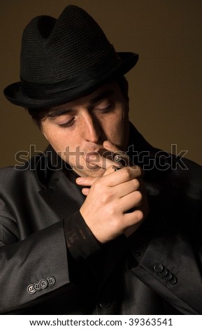 gangster man smokes cigar in retro bar