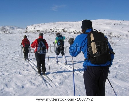 Group of young people skiing in the mountains