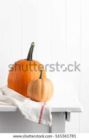 Two pumpkins served on kitchen towel and placed on white vintage farmhouse table. Taken against white wood plank wall. Styled in a rustic and cottage manner.