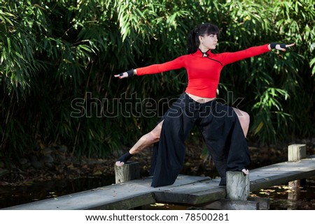 Outdoor portrait of a beautiful young woman with long, black hair, in a warrior yoga pose in nature. Taken in late fall, with shallow depth of field.