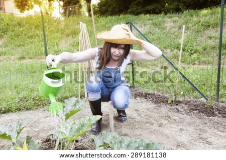 pretty woman watering plants in the garden
