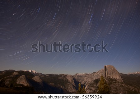 Large Star Trail over Half Dome. Large panorama of star trails over Half Dome in Yosemite National Park
