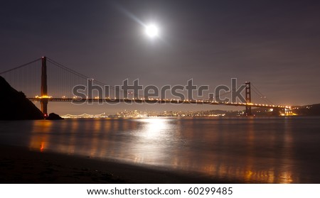 San Francisco and The Golden Gate Bridge under a Beautiful Full Moon Evening