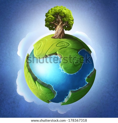 Little blue and green fantasy planet with a single tree