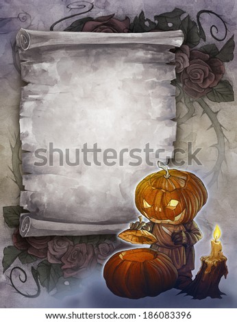 Halloween vintage background with halloween characters and ancient scroll