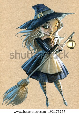Pretty cartoon witch with broomstick