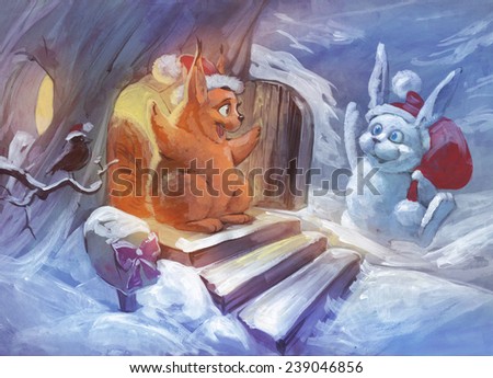 Christmas illustration of two friends, squirrel and bunny, meeting to celebrate Christmas together