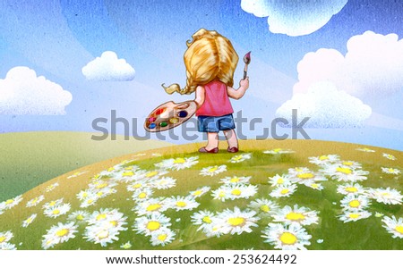 Summer fields with chamomile blooming and a girl going to draw this landscape