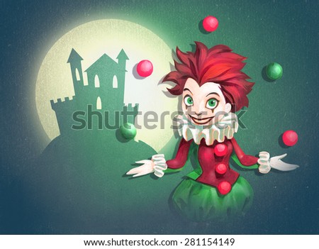 Colorful illustration of a pretty juggling clown girl on the background of a cartoon castle