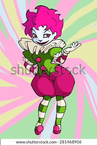 Clown pretty funny lady in bright circus stage costume