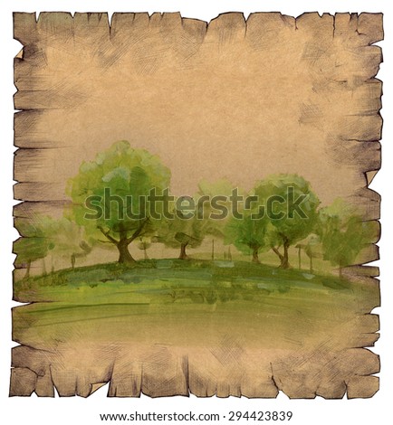 Hand drawn illustration of a vintage old paper scroll with a forest landscape on it
