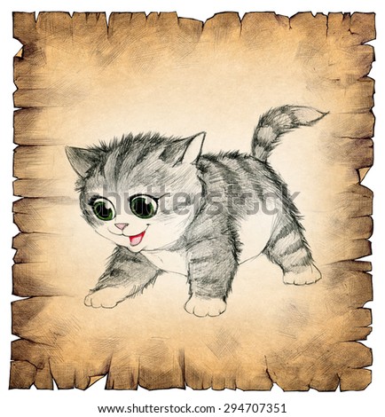 Hand drawn illustration of a vintage old paper scroll with a drawing of a little cute kitten on it