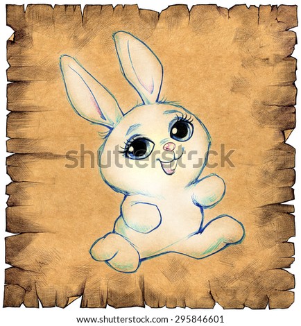 Hand drawn illustration of a vintage old paper scroll with a cute cartoon rabbit on it