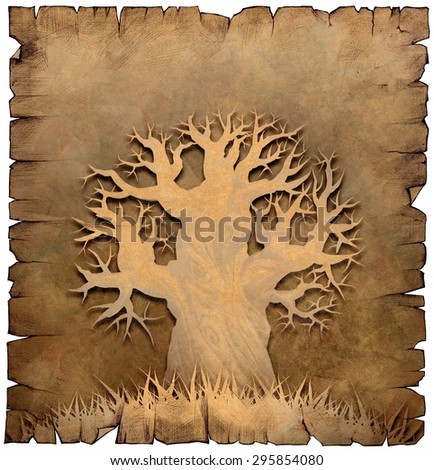 Hand drawn illustration of a vintage old paper scroll with a tree silhouette on it