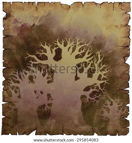 Hand drawn illustration of a vintage old paper scroll with  tree silhouettes on it