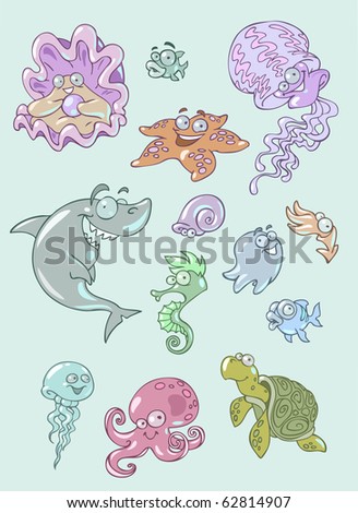  vector : Colorful vector illustration of different sea animals and fish
