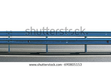 Barrier, guard rail, designed to prevent the exit of the vehicle from the curb or bridge, moving across the dividing strip. guarding rail panorama isolated on white background