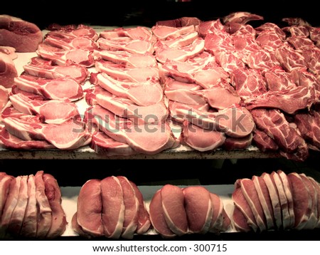Pork chops in a meat market