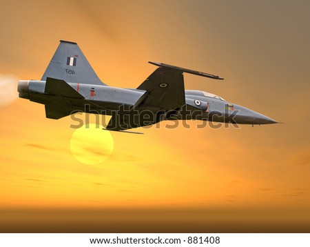 A fighter plane in the sun set