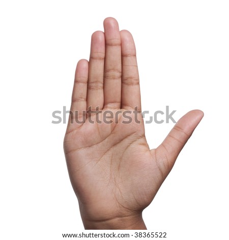 young dark skinned mixed race girls hand in stop talk to the hand gesture, isolated against white background including Professional clipping path.
