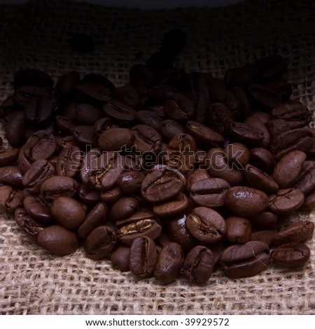 Close up view of Blue mountain coffee beans on Hessian sacking with graduated dark background.
