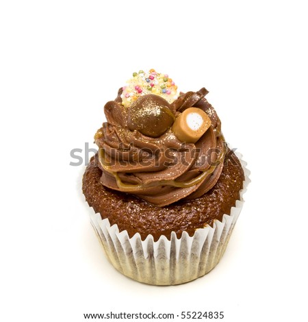 Luxury Chocolate Cup Cake from low perspective isolated against white background.