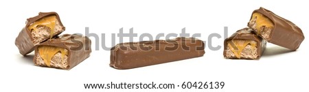 Chocolate covered bar of soft caramel toffee and chocolate mouse collage isolated on white.