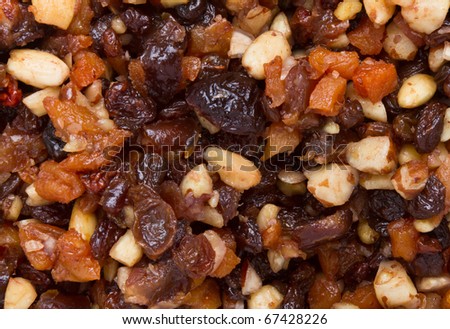 Xmas Cake Mix of nuts and soft fruits soaking up added rum, brandy and sherry.