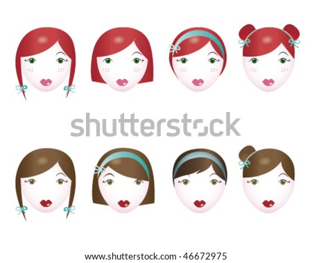stock vector : Girly hairstyles: collection of 8 female hair cut