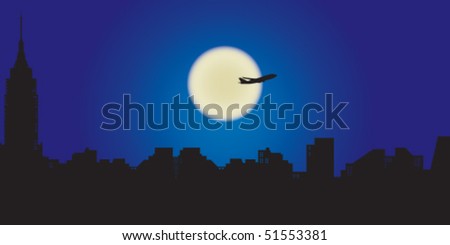 New York skyline during night, plane is flying over the moon.