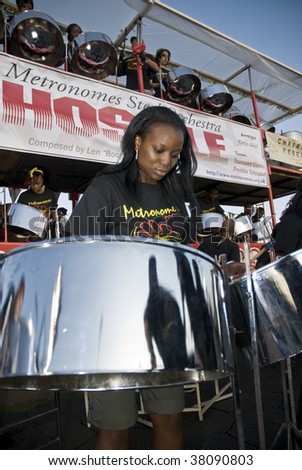 Hyde Park, London-August 29: Band member from Metronomes Steel Orchestra playing steel drum at the Notting Hill Panorama Championships, 29th August 2009 in Central London
