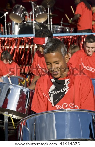 LONDON - AUGUST  29: Steel-drummer from the Croydon Steel Orchestra playing steel drums at the Notting Hill Panorama Championships on August 29, 2009 in Hyde Park, London, England.