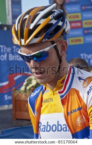 EXETER CITY CENTRE, EXETER - SEPT 15:Yellow jersey holder Lars Boom from the Rabobank Cycling Team at the start of the Tour of Britain 2011  September 15, 2011 in Exeter City Centre, Exeter, England.