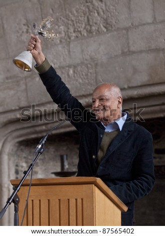 DARTINGTON - MAY 1:  Satish Kumar. Tagore Festival\'s artistic director, rings the opening bell at the Tagore festival,  on May 1, 2011 in Dartington   The opening ceremony of the Tagore festival f