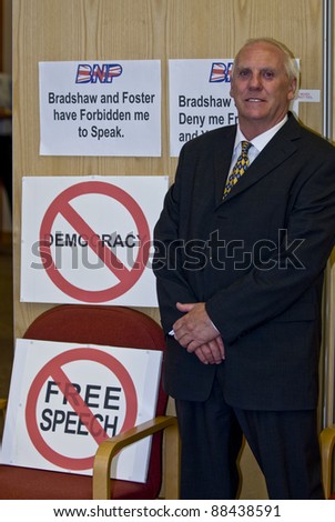 EXETER - APRIL 21::Robert Farmer BNP PPC protesting at the Question Time-style event on Homelessness and Social Exclusion  on April 21, 2010 in Exeter.