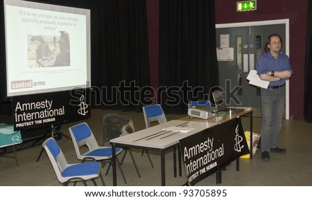 EXETER - NOVEMBER 01: Oliver Sprague, Programme Director Arms Control, AIUK  speaking at the Amnesty International South West  on November 01, 2008 in Exeter, UK.