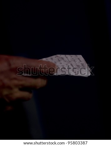 EXETER - MAY 6: Exeter Labour Party\'s Ben Bradshaw acceptance speech on a piece of paper during the 2010 UK general election on May 6, 2010 in Exeter, UK.