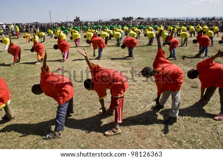 FITCHE - JANUARY 13: unidentified Ethiopian youth Perfoming Exercise at the 20th World Aids day Event on January 13, 2008 in Fitche, Ethiopia