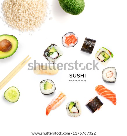 Creative layout made of sushi. Food abstract background. Sushi on the white background.