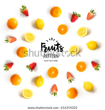 Pattern with strawberry, lemon and orange. Tropical abstract background. Strawberry, lemon and orange on the white background.