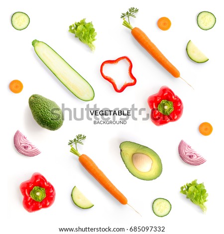 Seamless pattern with red pepper, avocado, onion, cucumber, carrot, lettuce. Vegetables abstract background. Red pepper, avocado, onion, cucumber, carrot, lettuce on the white background.