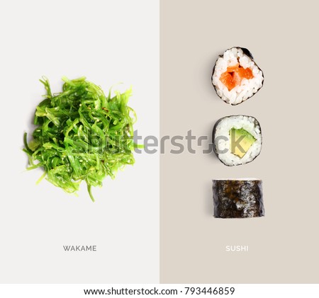 Creative layout made of sushi and wakame. Flat lay. Food concept. Macro  concept.