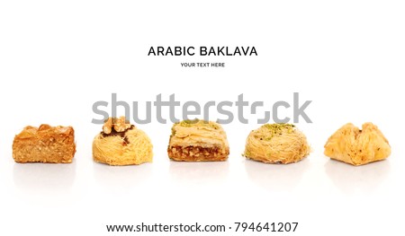 Creative layout made of baklava on white background. Flat lay. Food concept. Macro  concept.